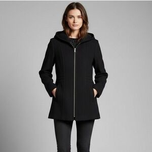Anne Klein Coat‎ Women's Size M Black Hooded Wool Blend Winter Zip Up Outdoor